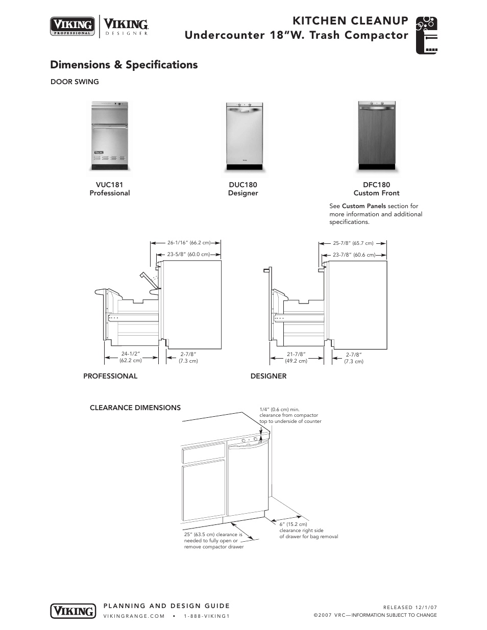 Kitchen cleanup undercounter 18”w. trash compactor, Dimensions & specifications | Viking VDB325 User Manual | Page 17 / 22