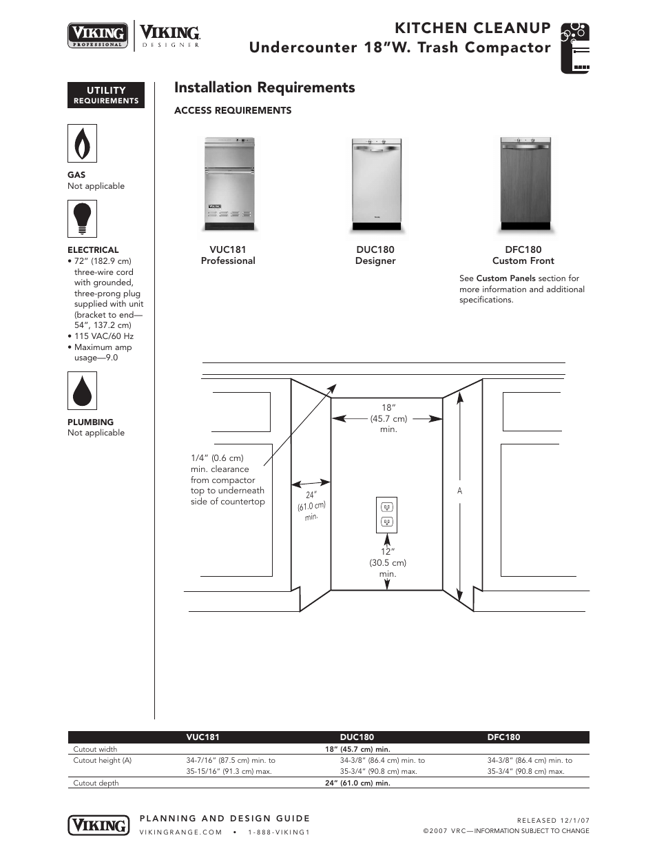 Kitchen cleanup undercounter 18”w. trash compactor, Installation requirements | Viking VDB325 User Manual | Page 18 / 22