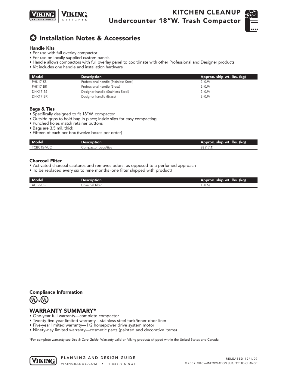 Kitchen cleanup undercounter 18”w. trash compactor, Warranty summary | Viking VDB325 User Manual | Page 19 / 22