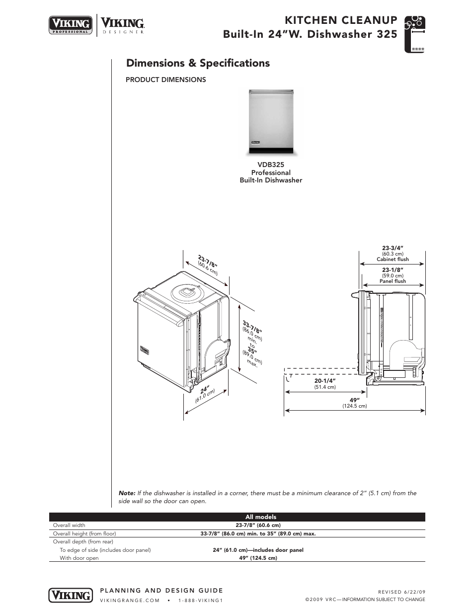 Dimensions & specifications | Viking VDB325 User Manual | Page 2 / 22