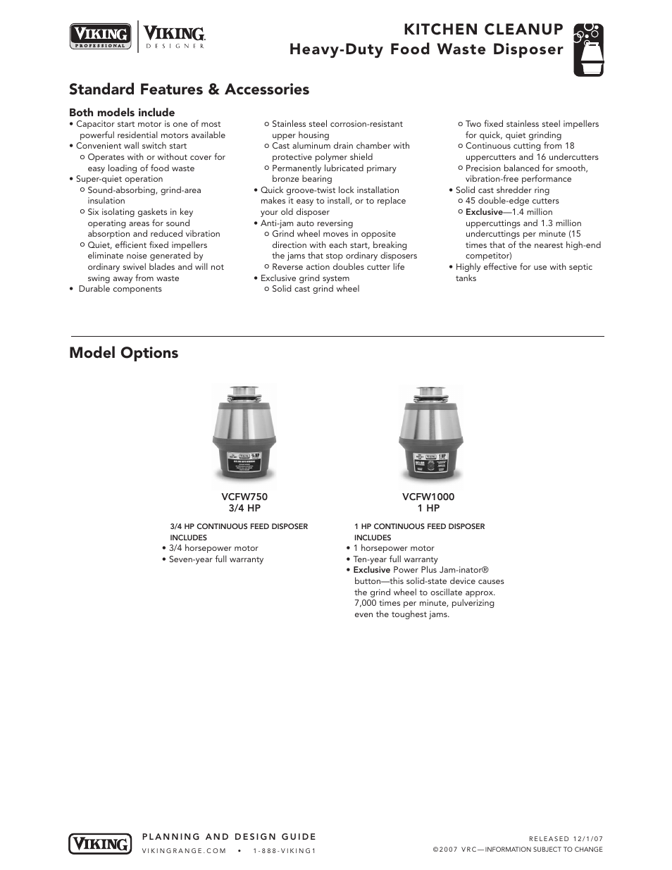 Kitchen cleanup heavy-duty food waste disposer, Standard features & accessories model options | Viking VDB325 User Manual | Page 20 / 22