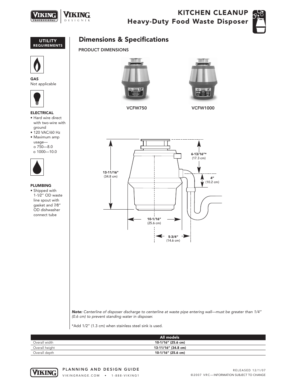 Kitchen cleanup heavy-duty food waste disposer, Dimensions & specifications | Viking VDB325 User Manual | Page 21 / 22