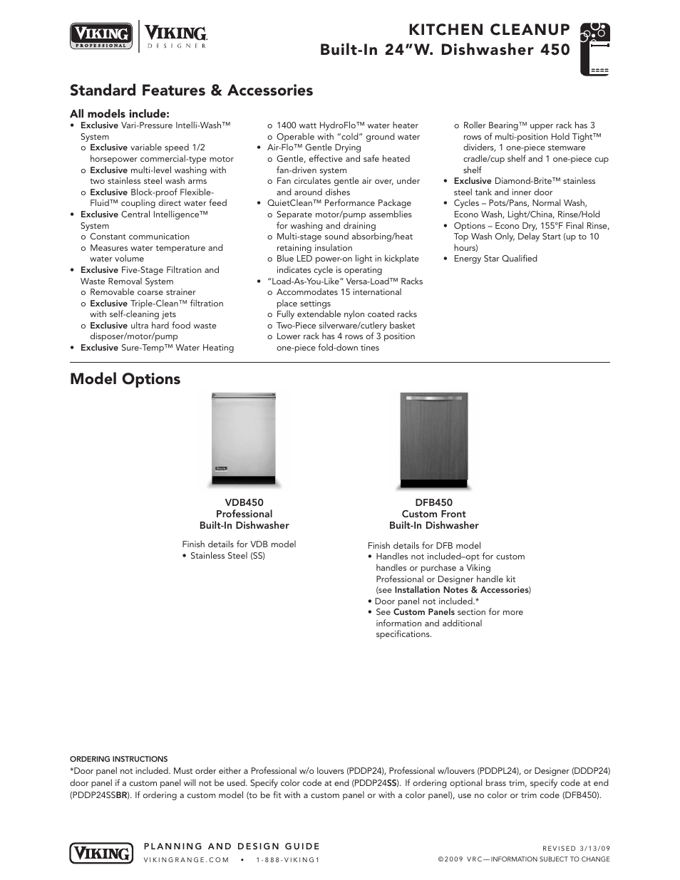 Standard features & accessories model options | Viking VDB325 User Manual | Page 5 / 22