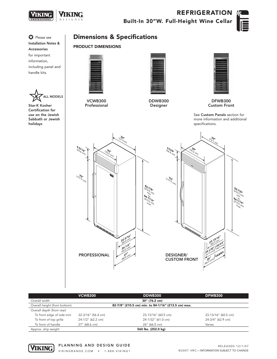 Refrigeration, Dimensions & specifications, Built-in 30”w. full-height wine cellar | Professional designer/ custom front | Viking VCWB300  EN User Manual | Page 2 / 7