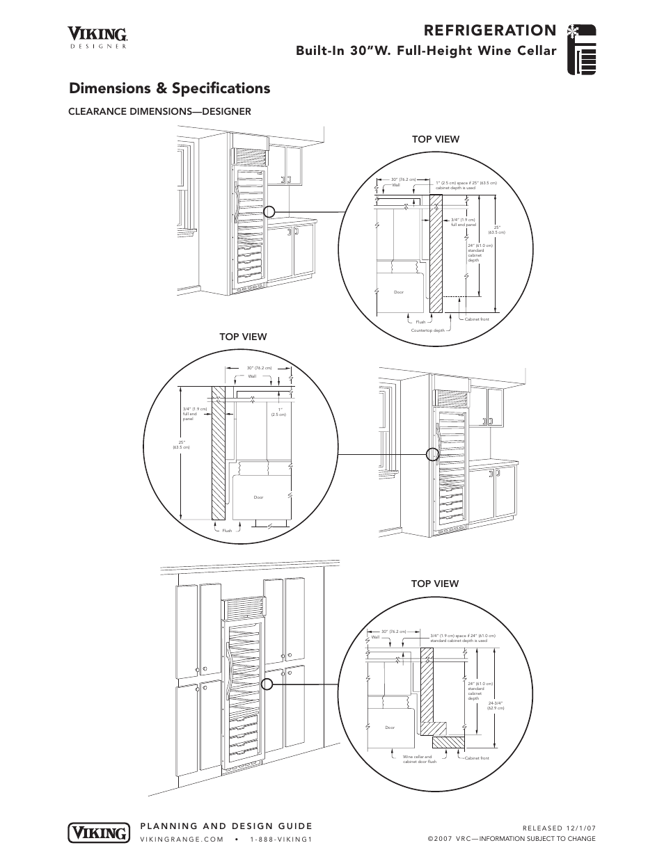 Refrigeration, Dimensions & specifications, Built-in 30”w. full-height wine cellar | Viking VCWB300  EN User Manual | Page 5 / 7