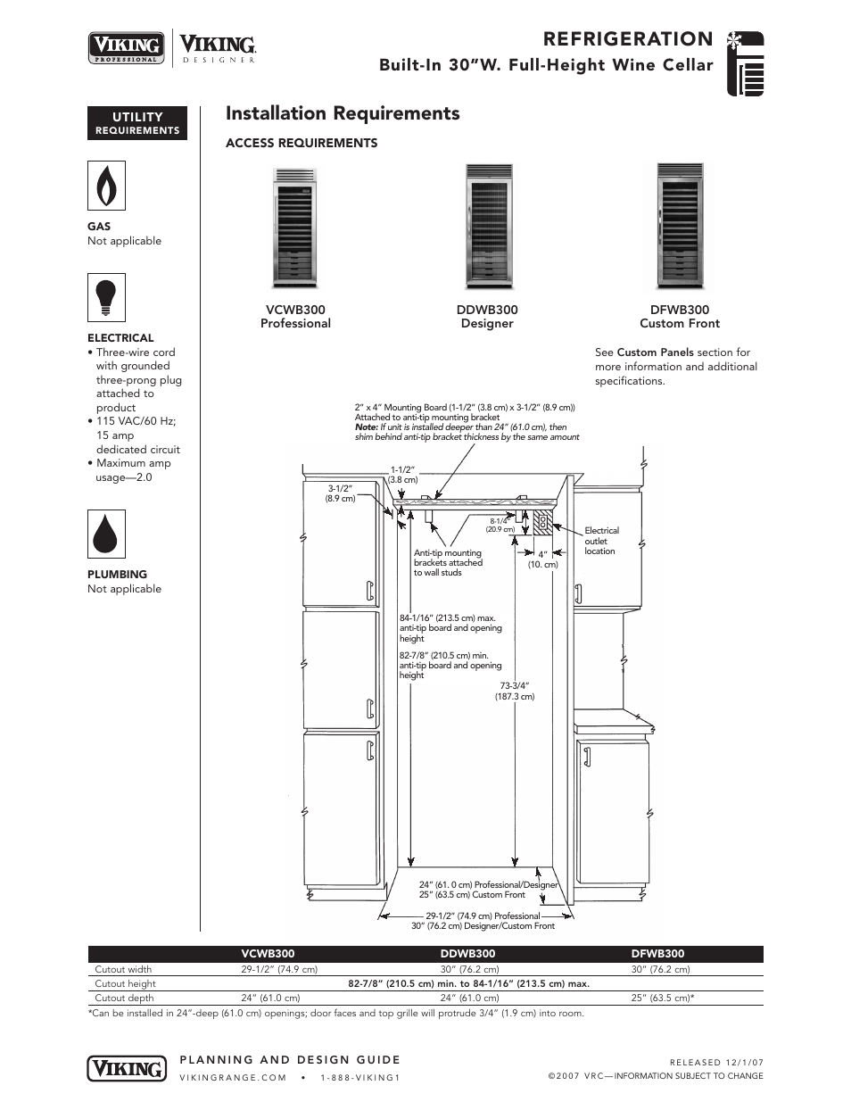 Refrigeration, Installation requirements, Built-in 30”w. full-height wine cellar | Viking VCWB300  EN User Manual | Page 6 / 7