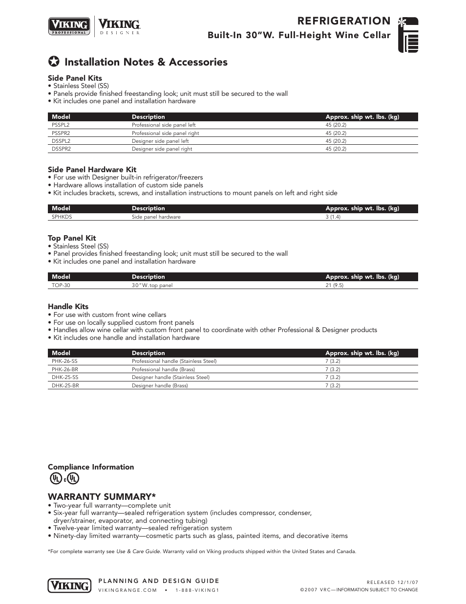 Refrigeration, Built-in 30”w. full-height wine cellar, Warranty summary | Viking VCWB300  EN User Manual | Page 7 / 7