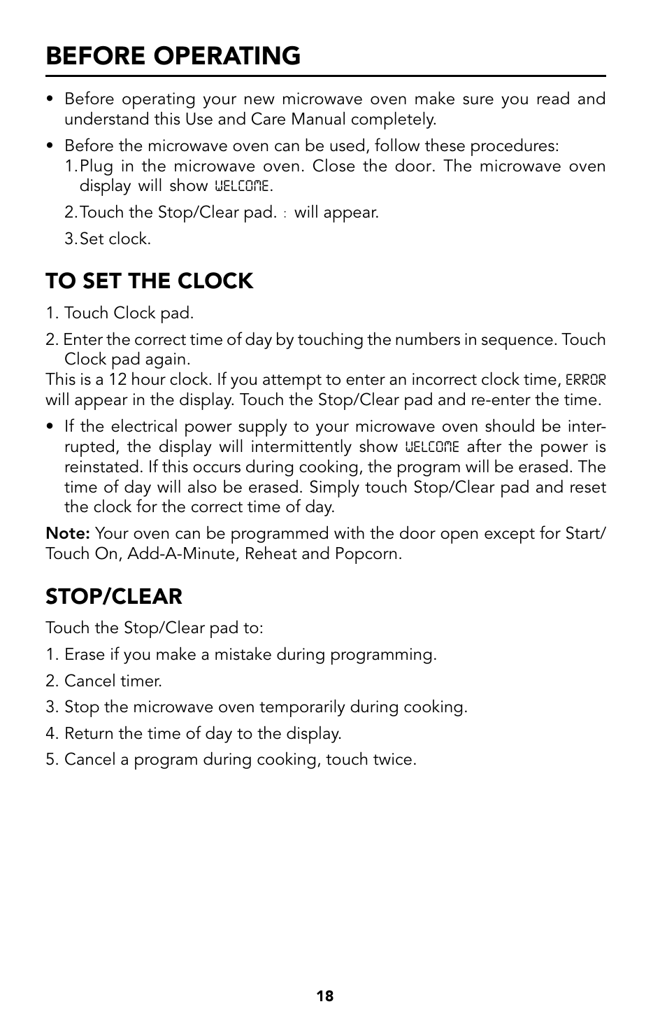 18 before operating, 18 to set the clock, 18 stop/clear | Before operating, Stop/clear | Viking Built-In Convection Microwave Hood User Manual | Page 18 / 44