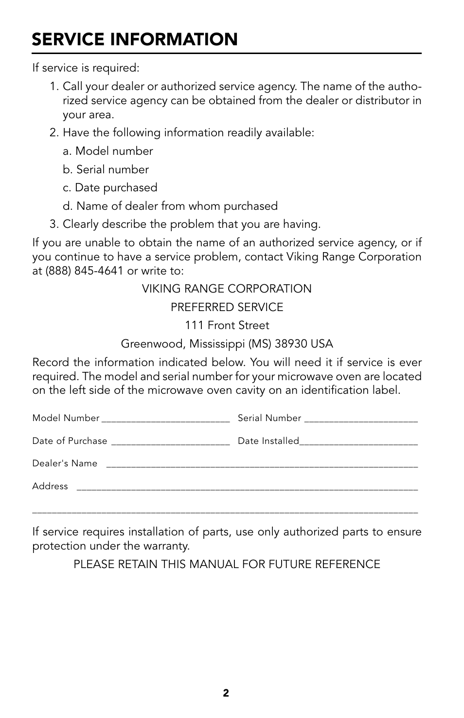 Service information | Viking Built-In Convection Microwave Hood User Manual | Page 2 / 44