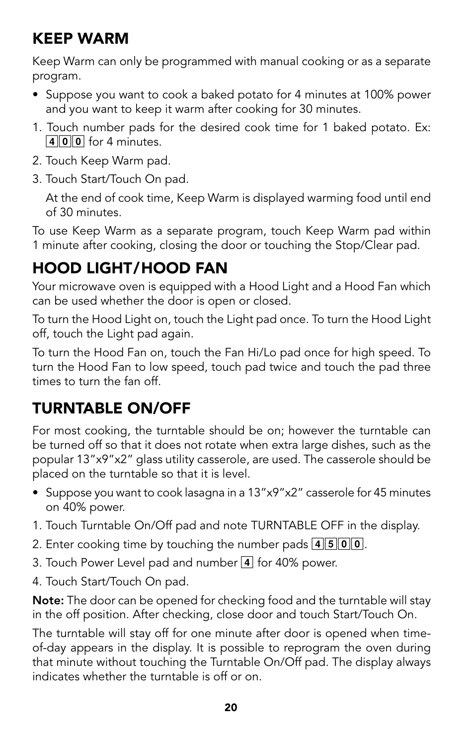 20 keep warm, 20 hood light/hood fan, 21 t | Keep warm, Hood light/hood fan, Turntable on/off | Viking Built-In Convection Microwave Hood User Manual | Page 20 / 44