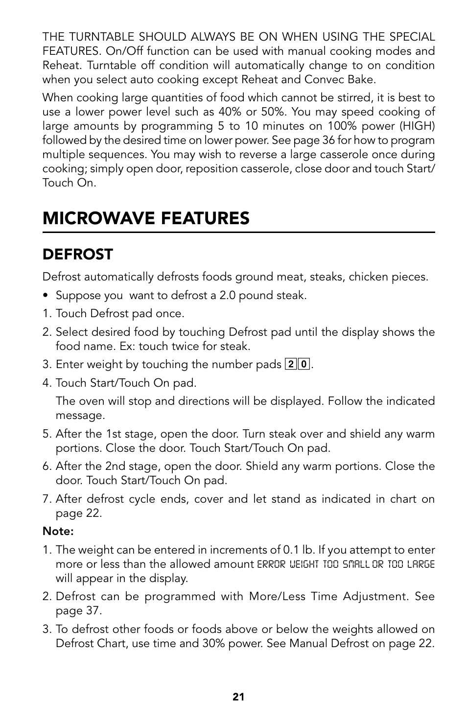 27 microwave features, 21 defr, Microwave features | Defrost | Viking Built-In Convection Microwave Hood User Manual | Page 21 / 44