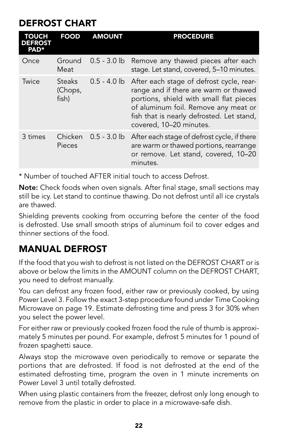 22 defrost chart, 22 manual defrost, Defrost chart | Manual defrost | Viking Built-In Convection Microwave Hood User Manual | Page 22 / 44