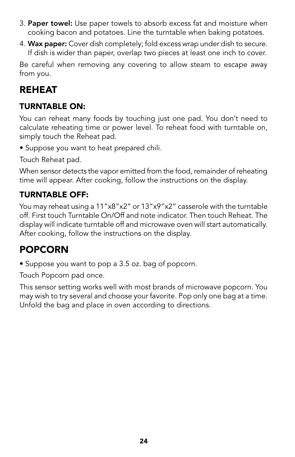 24 reheat, 24 p, Reheat | Popcorn | Viking Built-In Convection Microwave Hood User Manual | Page 24 / 44