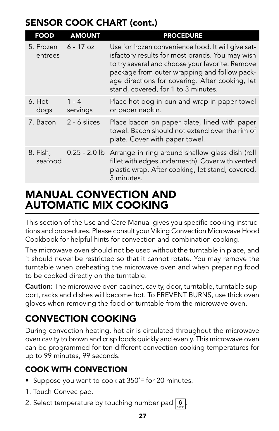 30 manual convection and, Automatic mix cooking, 28 convection cooking | 28 cook with convection, Manual convection and automatic mix cooking, Sensor cook chart (cont.), Convection cooking | Viking Built-In Convection Microwave Hood User Manual | Page 27 / 44