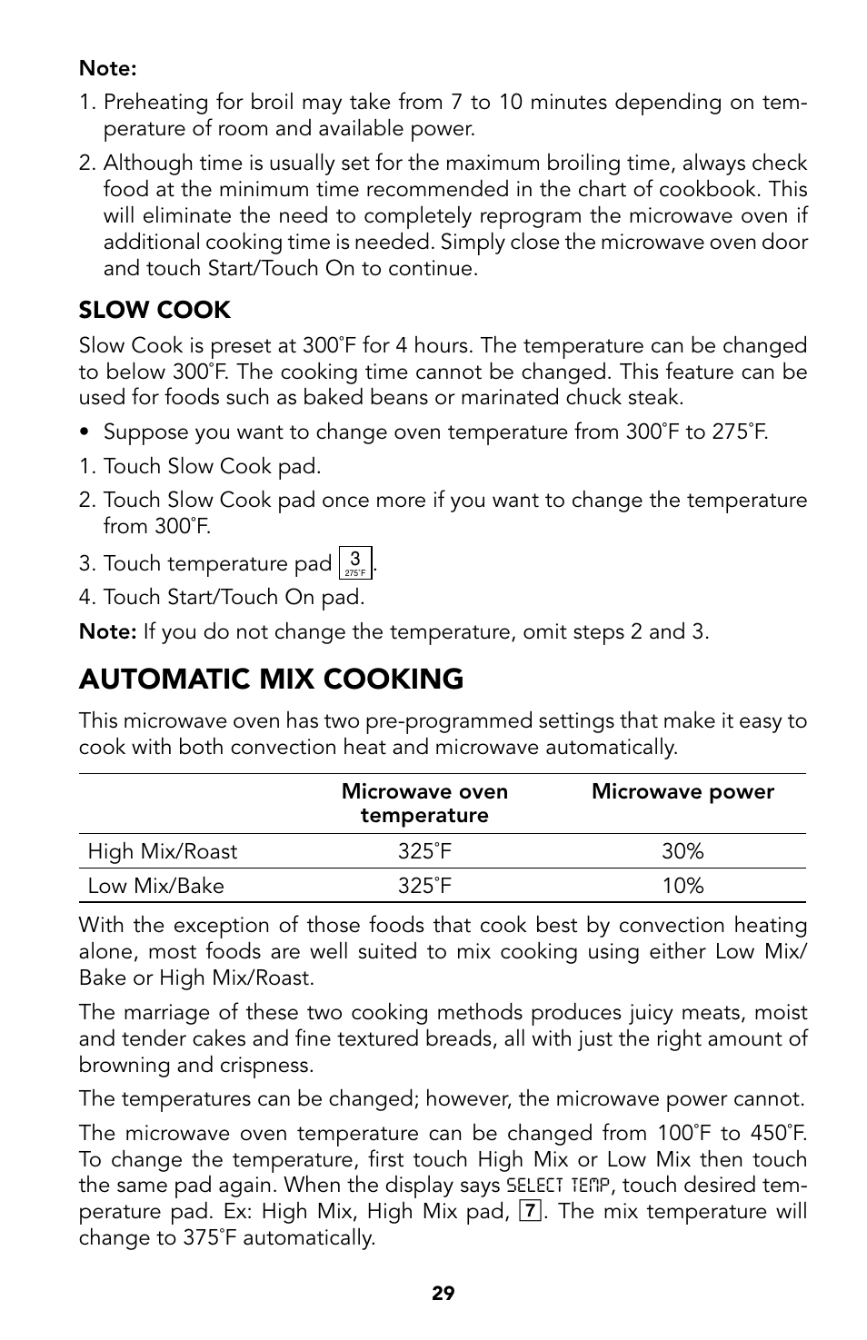 29 slow cook, 30 automatic mix cooking, Automatic mix cooking | Viking Built-In Convection Microwave Hood User Manual | Page 29 / 44