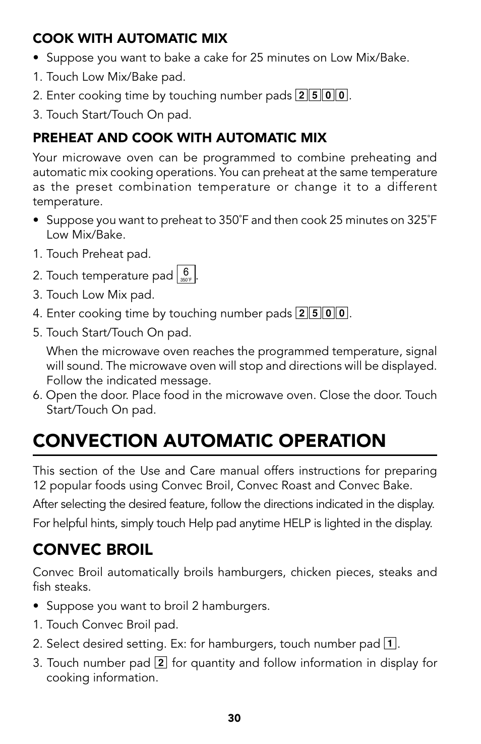 30 cook with automatic mix, 30 preheat and cook with, Automatic mix | 34 convection automatic, 31 convec broil, 31 convec broil chart, Convection automatic operation, Convec broil | Viking Built-In Convection Microwave Hood User Manual | Page 30 / 44