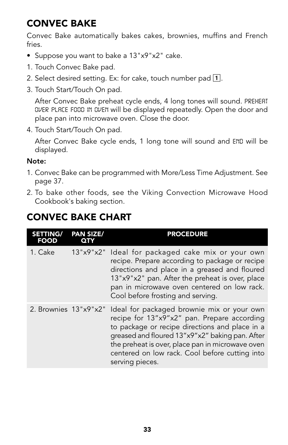 33 convec bake, Convec bake, Convec bake chart | Viking Built-In Convection Microwave Hood User Manual | Page 33 / 44