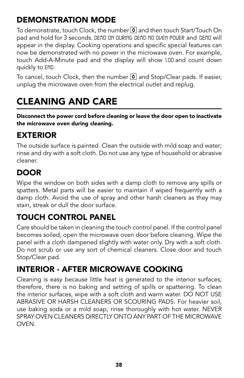 37 help (display indicator), 38 demonstration mode, 41 cleaning and care | 38 exterior, 38 door, 38 touch control panel, 38 interior - after microwave, Cooking, Cleaning and care, Demonstration mode | Viking Built-In Convection Microwave Hood User Manual | Page 38 / 44