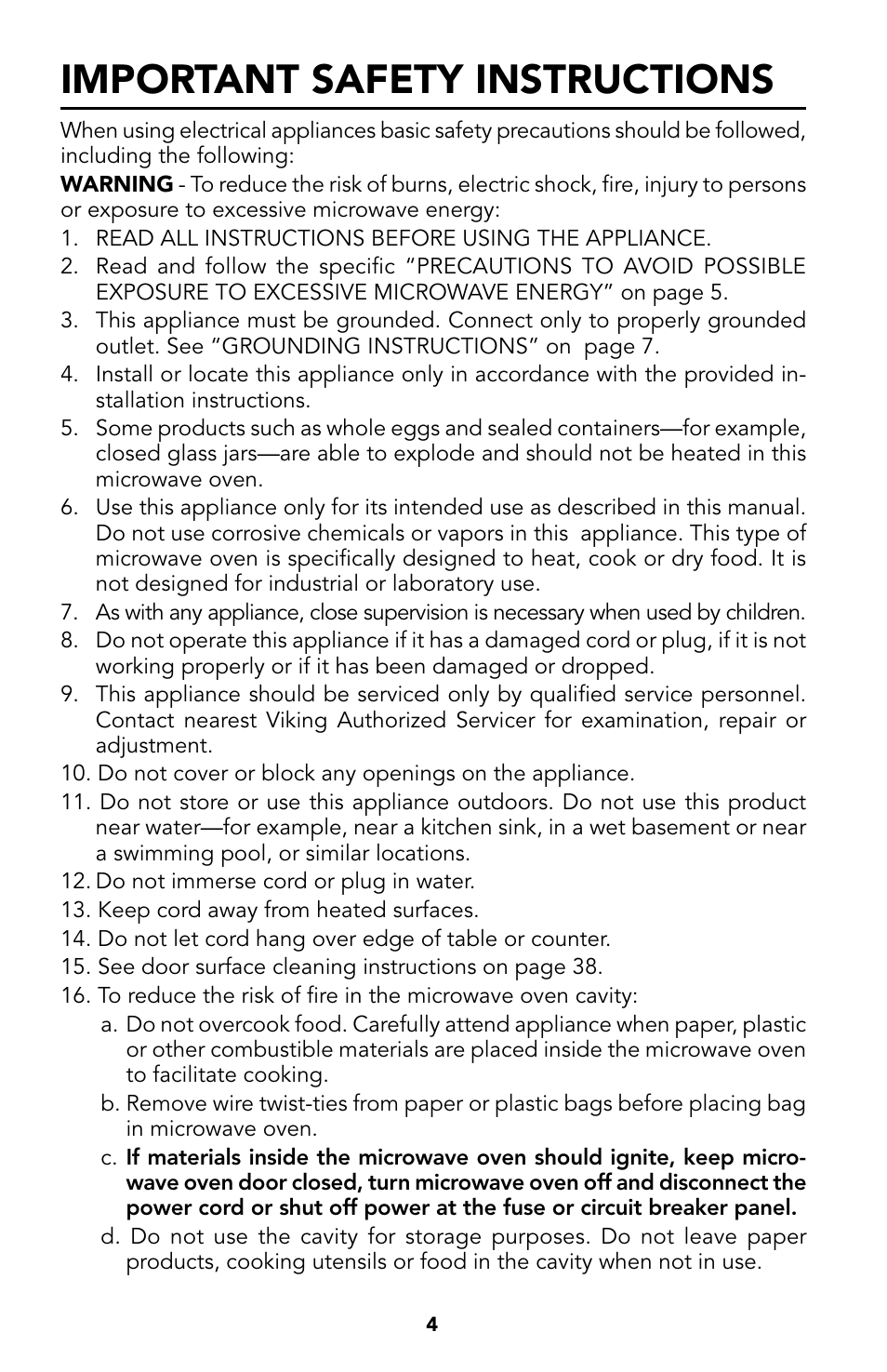 5 important safety, Instructions, Important safety instructions | Viking Built-In Convection Microwave Hood User Manual | Page 4 / 44