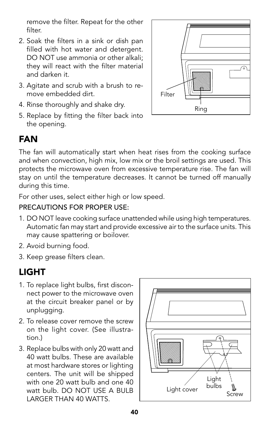 40 fan, 40 light, Light | Viking Built-In Convection Microwave Hood User Manual | Page 40 / 44
