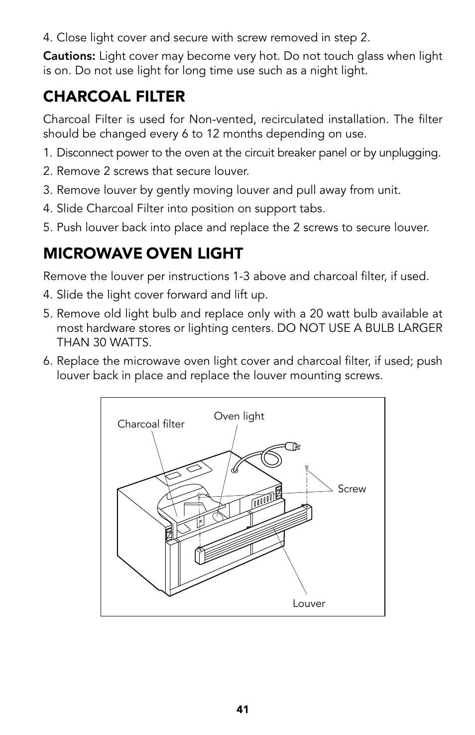 41 charcoal filter, 41 microwave, Oven light | Charcoal filter, Microwave | Viking Built-In Convection Microwave Hood User Manual | Page 41 / 44