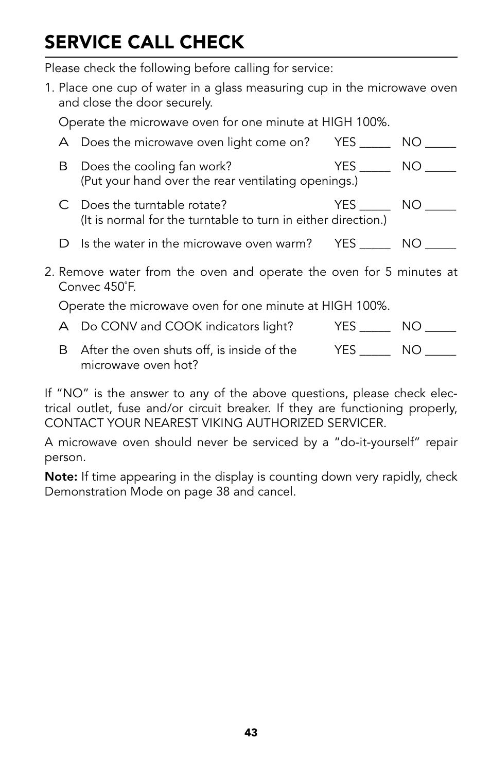 43 service call check, Service call check | Viking Built-In Convection Microwave Hood User Manual | Page 43 / 44