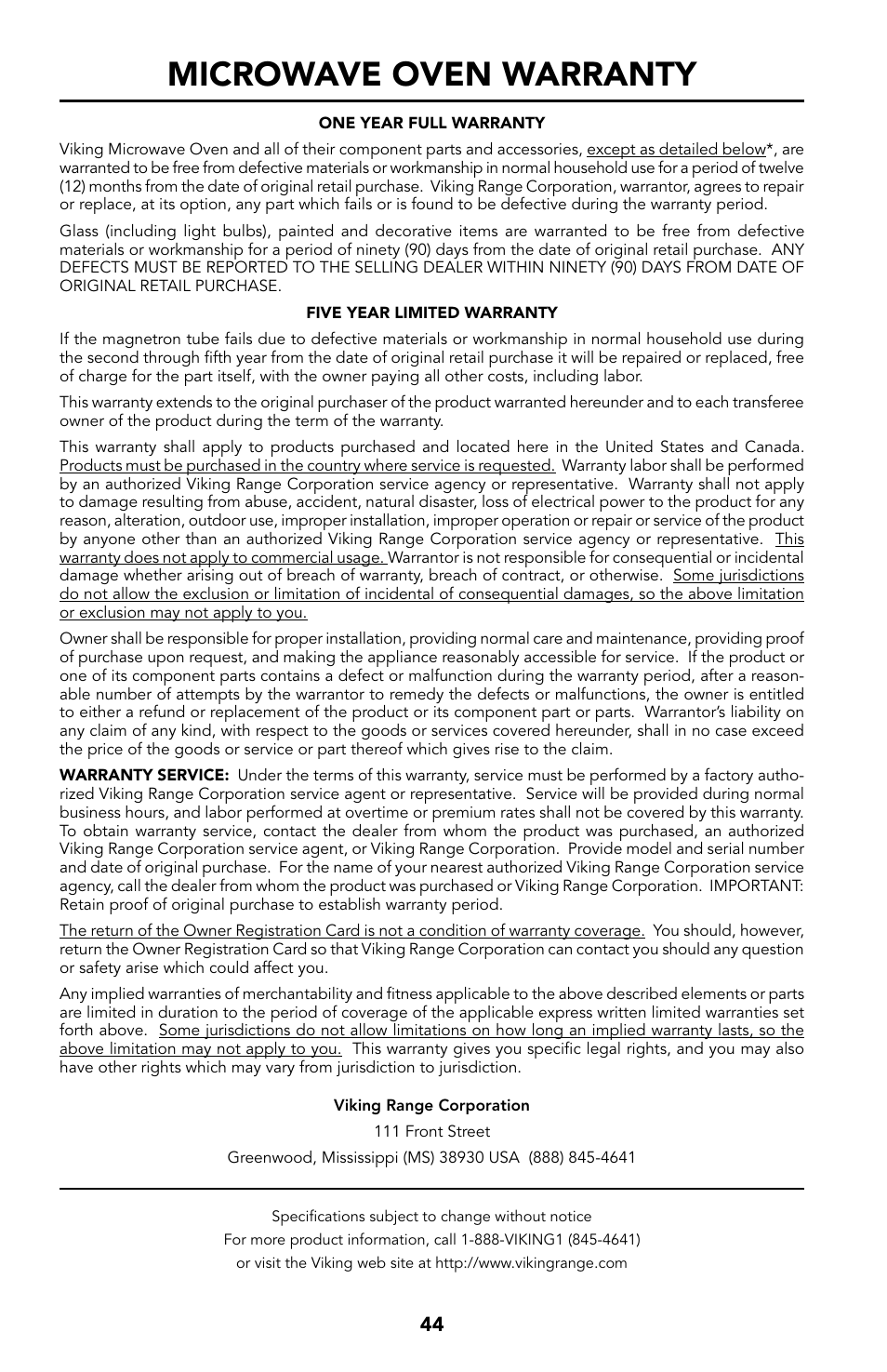 44 microwave oven, Warranty, Microwave oven warranty | Viking Built-In Convection Microwave Hood User Manual | Page 44 / 44