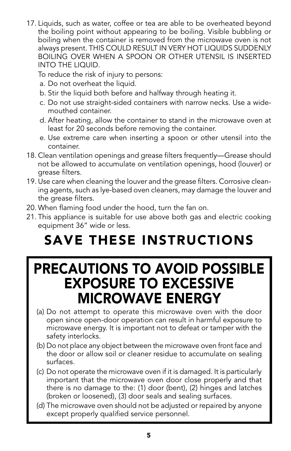 5 precautions to avoid, Possible exposure to excessive microwave energy, Save these instructions | Viking Built-In Convection Microwave Hood User Manual | Page 5 / 44