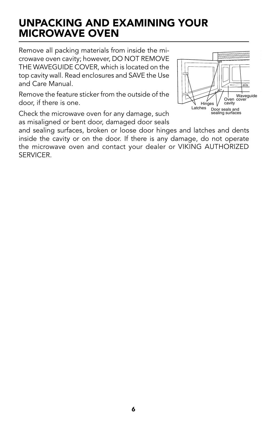 6 unp, Unpacking and examining your microwave oven | Viking Built-In Convection Microwave Hood User Manual | Page 6 / 44