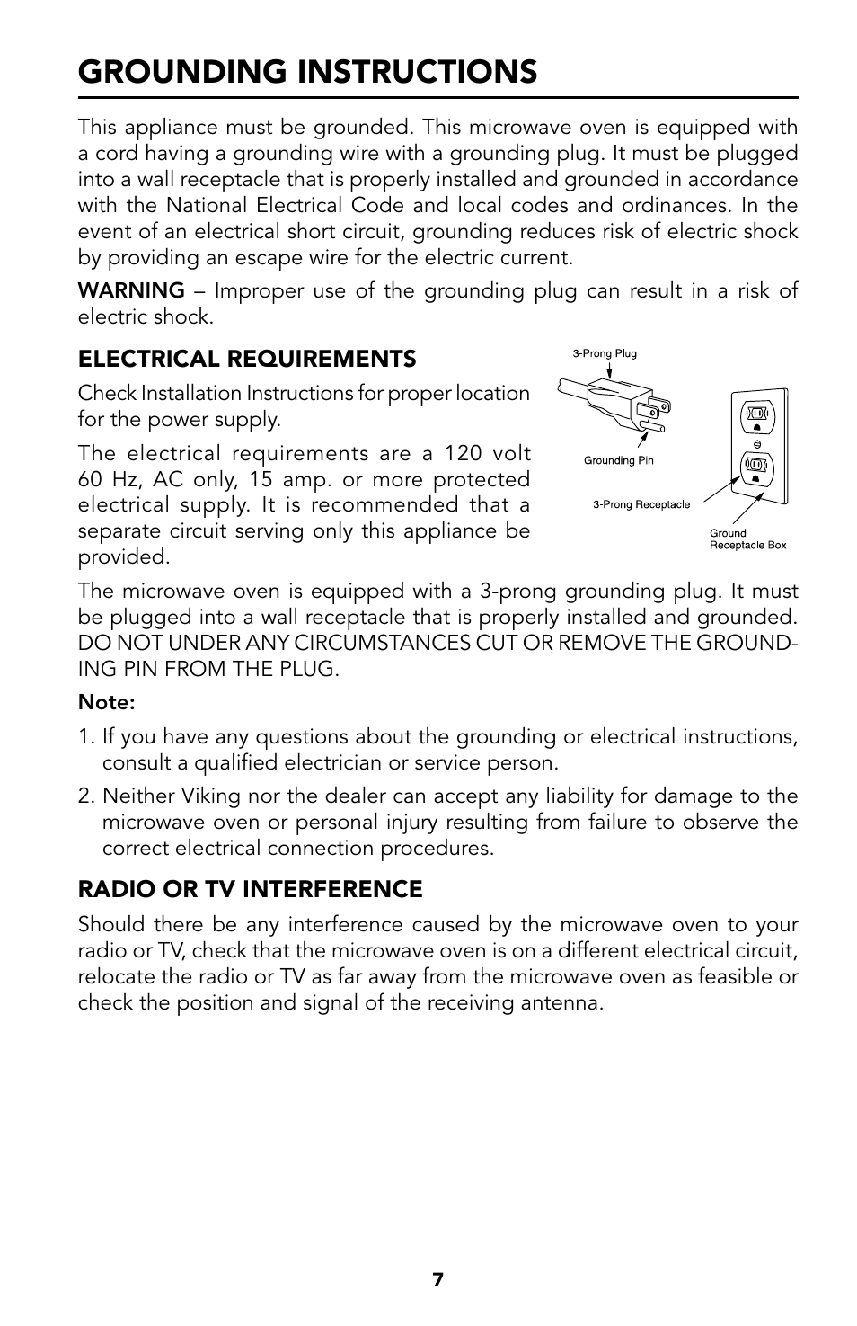 7 grounding instructions, Grounding instructions | Viking Built-In Convection Microwave Hood User Manual | Page 7 / 44