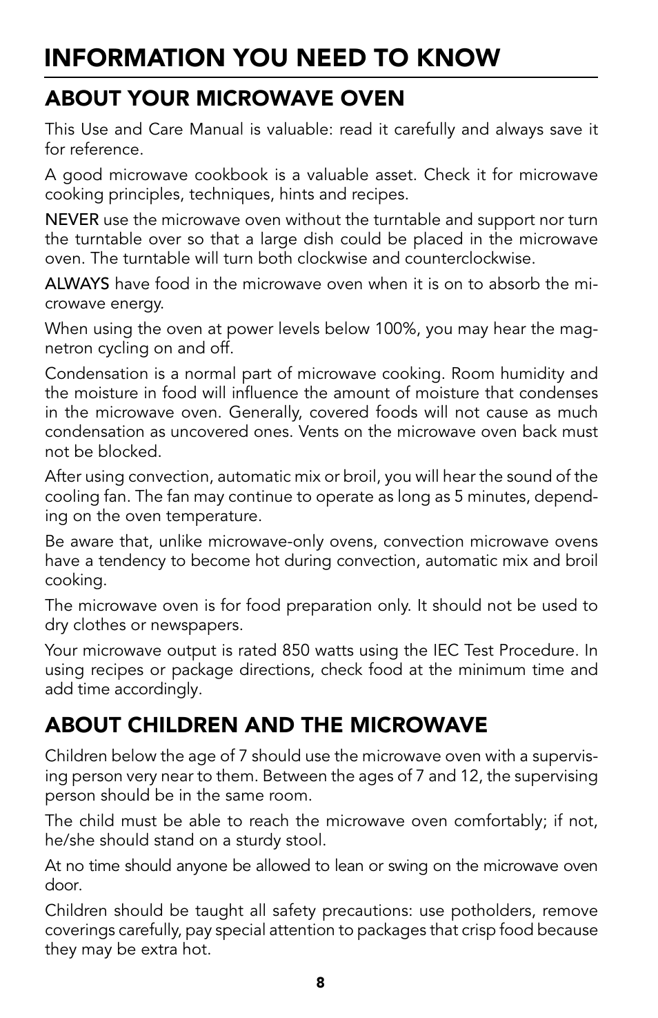 14 information you need to, Know, 8 about your microwave oven | 9 about children and the, Microwave, Information you need to know, About your microwave oven, About children and the microwave | Viking Built-In Convection Microwave Hood User Manual | Page 8 / 44