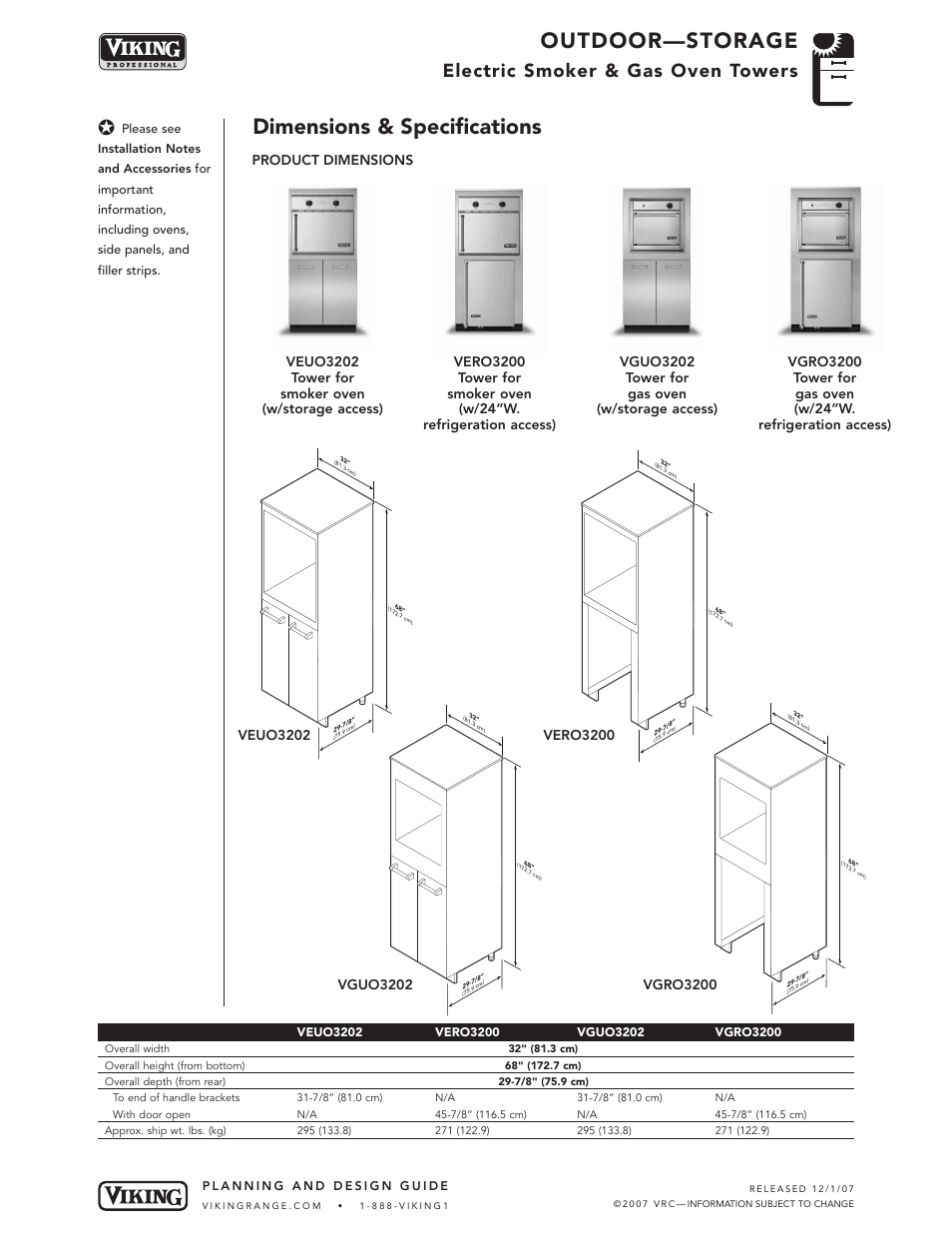 Outdoor—storage, Dimensions & specifications, Electric smoker & gas oven towers | Product dimensions | Viking VERO3200** User Manual | Page 2 / 4