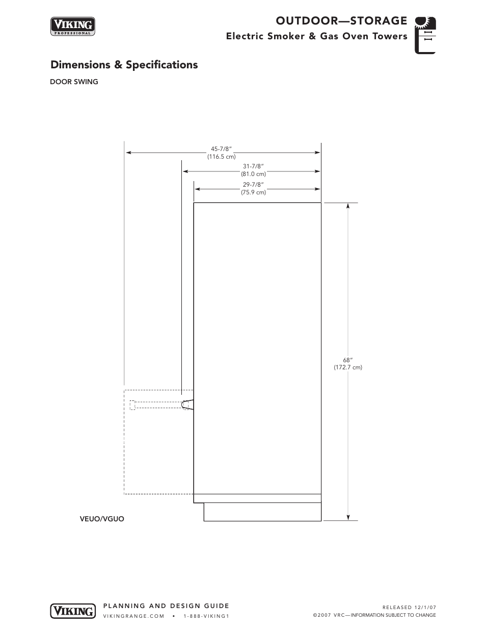 Outdoor—storage, Dimensions & specifications, Electric smoker & gas oven towers | Viking VERO3200** User Manual | Page 3 / 4