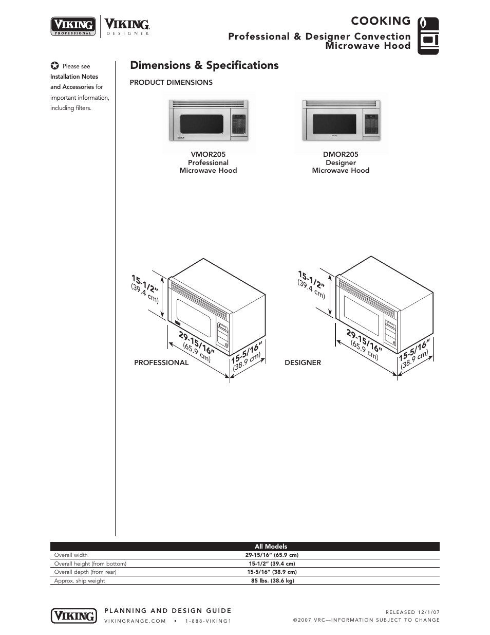 Cooking, Dimensions & specifications, Professional & designer convection microwave hood | Viking DMOR205 User Manual | Page 2 / 5