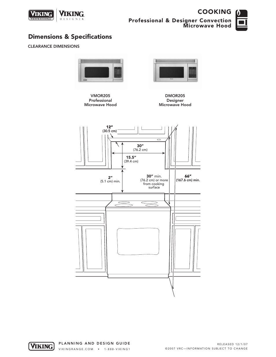 Cooking, Dimensions & specifications, Professional & designer convection microwave hood | Viking DMOR205 User Manual | Page 3 / 5
