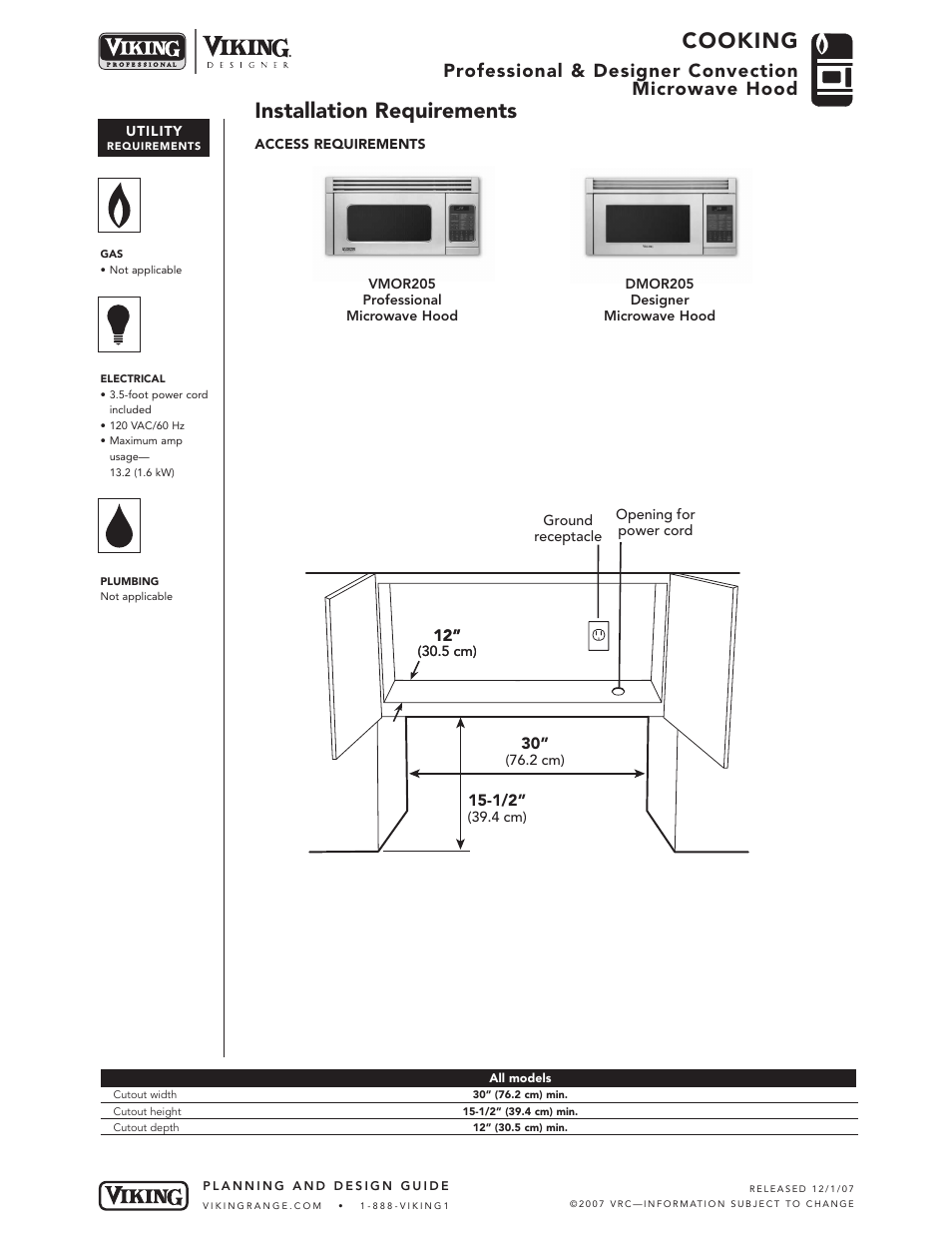 Cooking, Installation requirements, Professional & designer convection microwave hood | Viking DMOR205 User Manual | Page 4 / 5