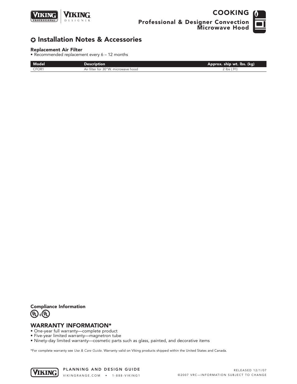 Cooking, Professional & designer convection microwave hood, Warranty information | Viking DMOR205 User Manual | Page 5 / 5