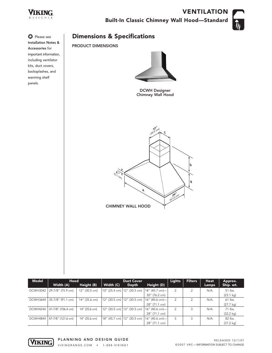 Ventilation, Dimensions & specifications, Built-in classic chimney wall hood—standard | Viking DCWN User Manual | Page 2 / 7