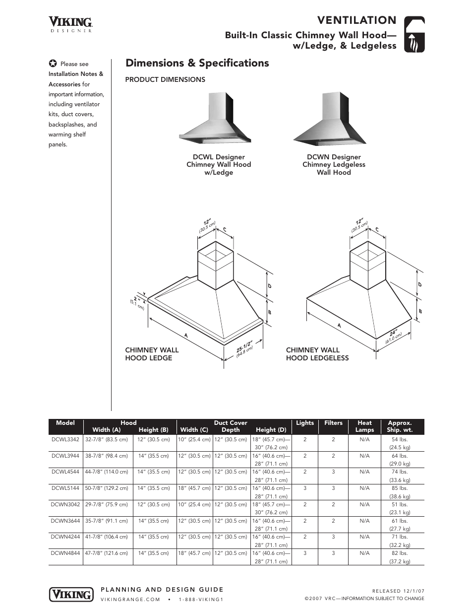 Ventilation, Dimensions & specifications | Viking DCWN User Manual | Page 3 / 7