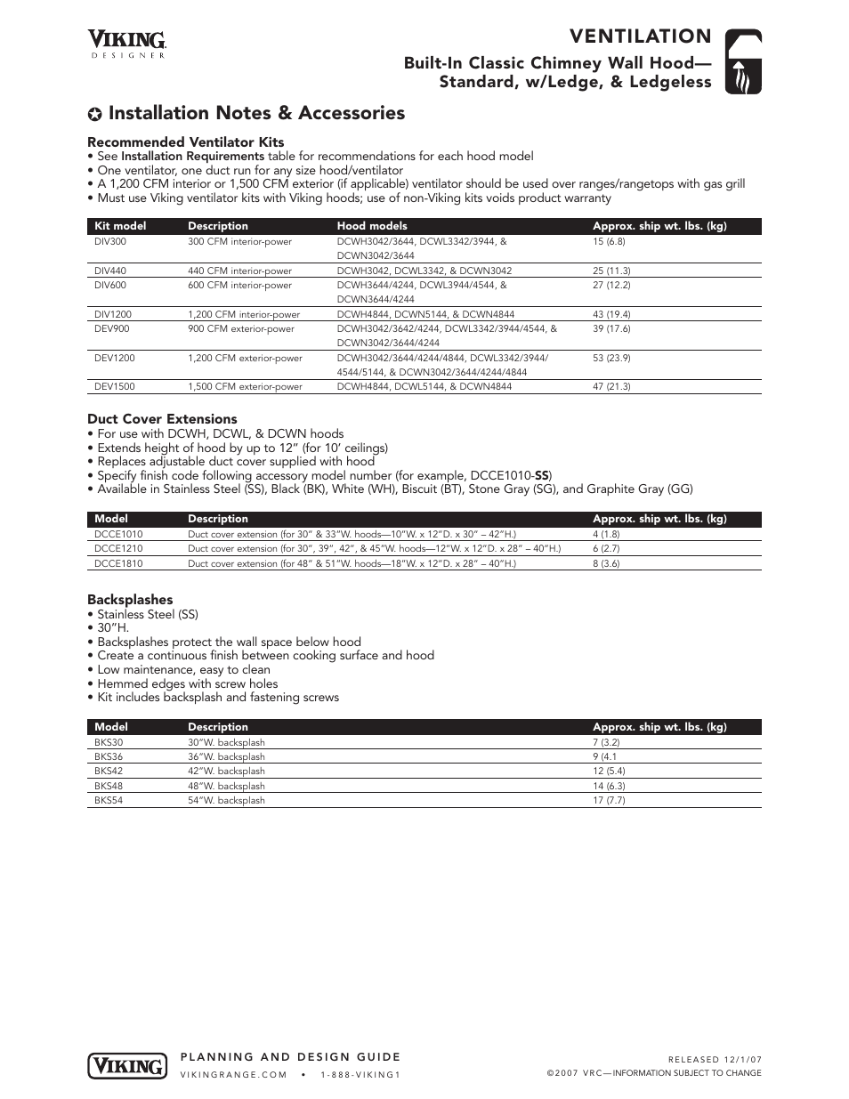 Ventilation, Recommended ventilator kits, Duct cover extensions | Backsplashes | Viking DCWN User Manual | Page 6 / 7