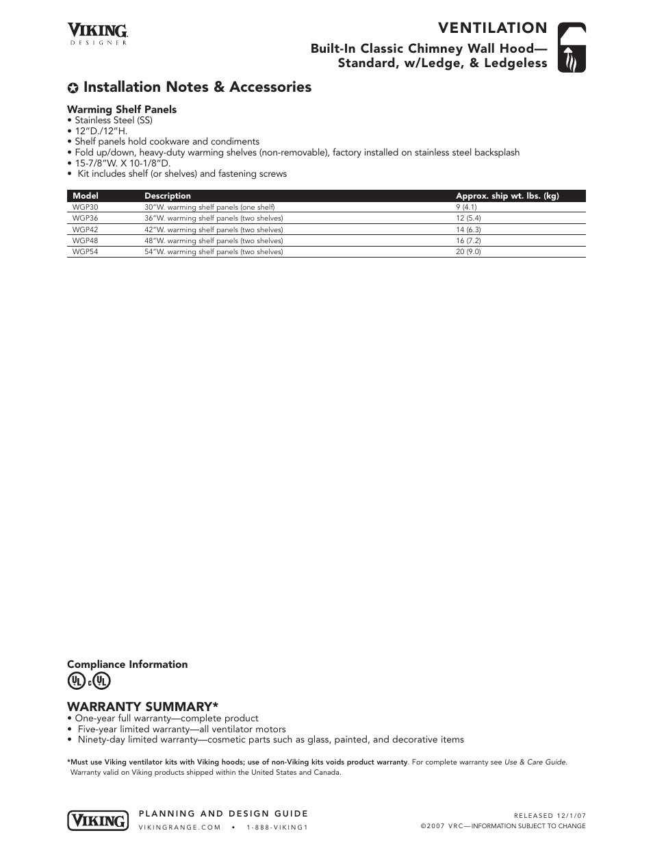 Ventilation, Warranty summary | Viking DCWN User Manual | Page 7 / 7