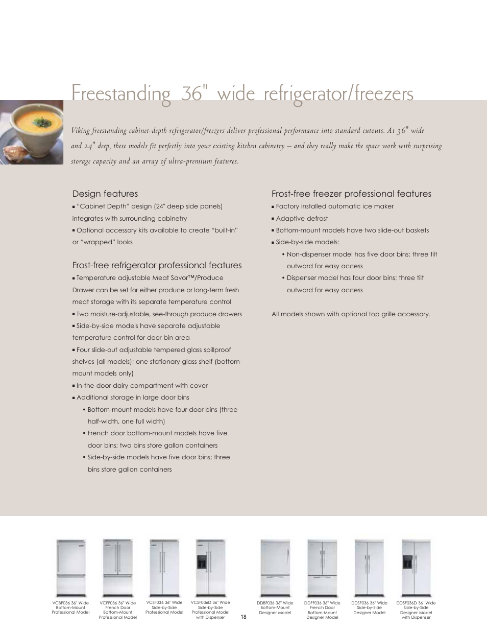 Freestanding 36" wide refrigerator/freezers, Frost-free freezer professional features, Frost-free refrigerator professional features | Viking High-Performance Kitchen User Manual | Page 18 / 64