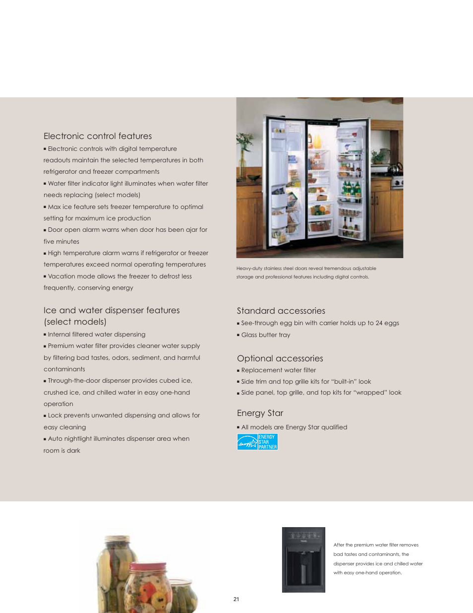 Electronic control features, Ice and water dispenser features (select models), Standard accessories | Optional accessories, Energy star | Viking High-Performance Kitchen User Manual | Page 21 / 64