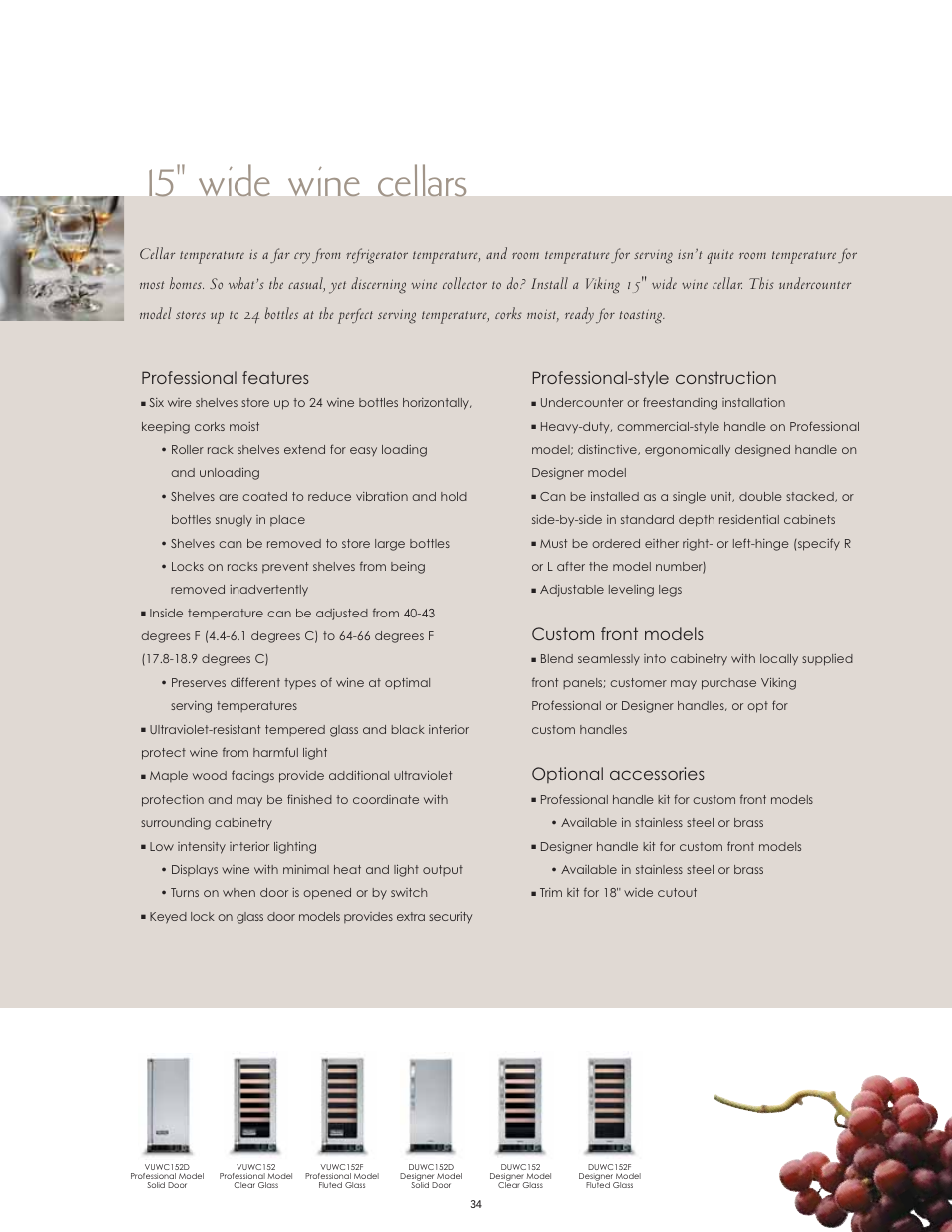 15" wide wine cellars, Professional features, Professional-style construction | Custom front models, Optional accessories | Viking High-Performance Kitchen User Manual | Page 34 / 64