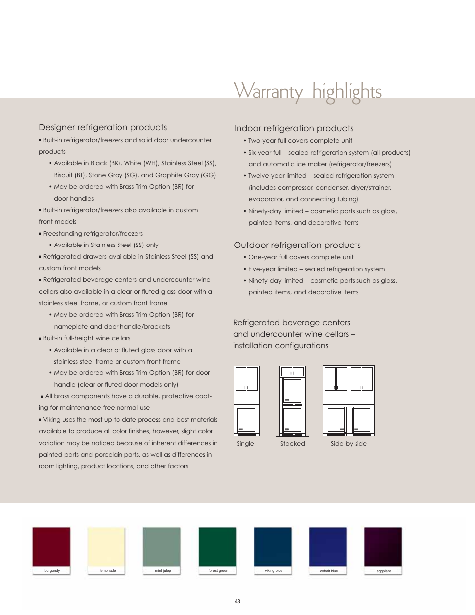 Warranty highlights, Indoor refrigeration products, Outdoor refrigeration products | Designer refrigeration products | Viking High-Performance Kitchen User Manual | Page 43 / 64