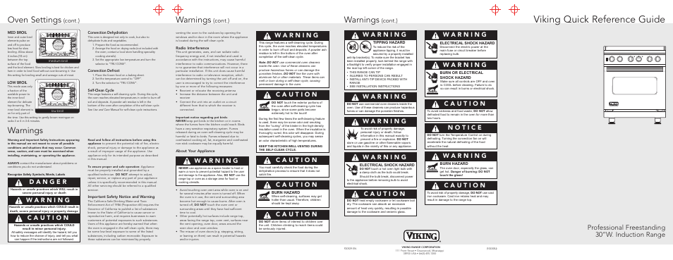 Viking quick reference guide, Warnings, Oven settings | Professional freestanding 30”w. induction range, Cont.) | Viking F20539 EN User Manual | Page 2 / 2