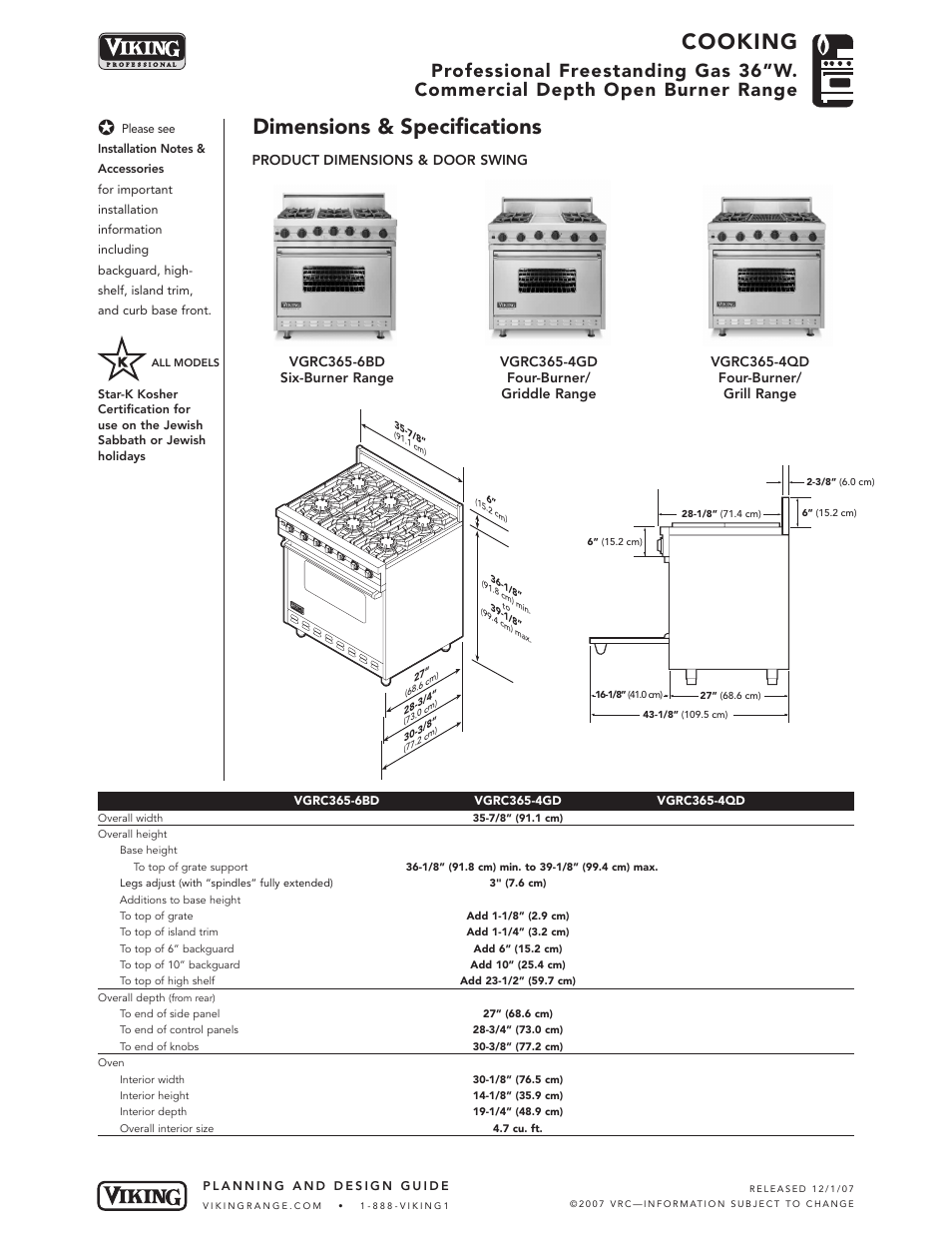Cooking, Dimensions & specifications | Viking VGRC365-4GD User Manual | Page 2 / 6