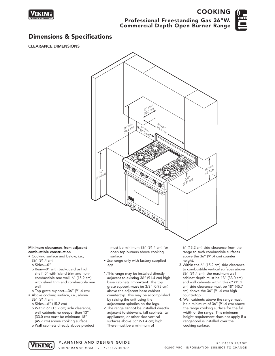 Cooking, Dimensions & specifications | Viking VGRC365-4GD User Manual | Page 3 / 6