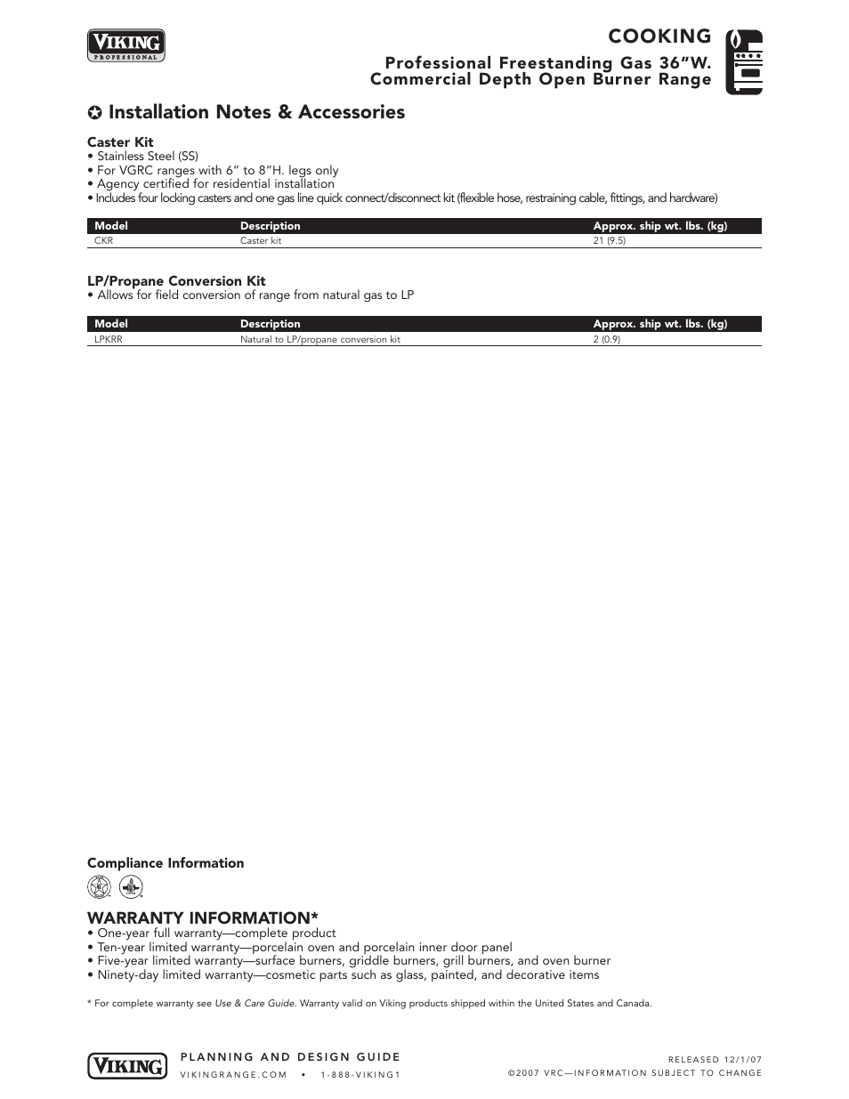 Cooking, Warranty information | Viking VGRC365-4GD User Manual | Page 6 / 6