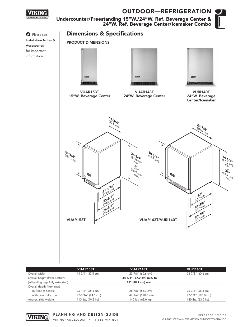 Dimensions & specifications, Outdoor—refrigeration | Viking VUAR153T User Manual | Page 2 / 5